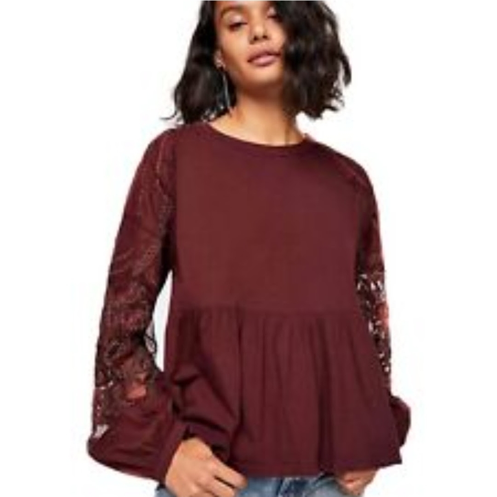 Free People Burgundy Lace Sleeve Top